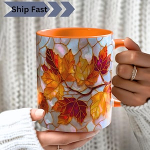 Herbst Ahorn Blätter Buntglas PRINT Becher, Faux Perlmutt Kaffeetasse,