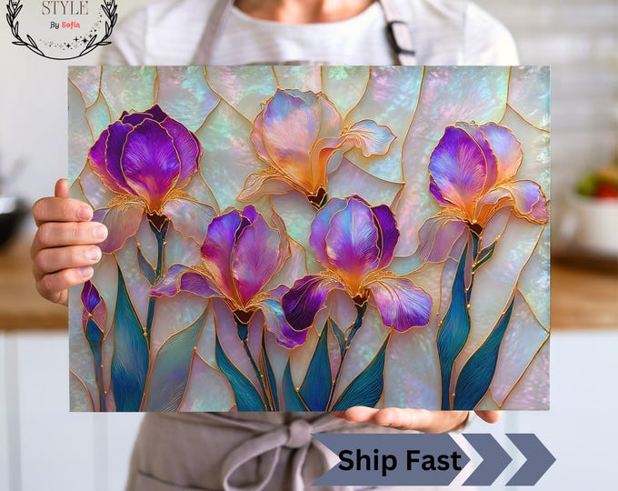 Iris Flower Glass Cutting Board: Mother-of-Pearl Floral Kitchen Decor