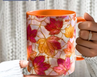 Autumn Maple Leaves Stained Glass PRINT Mug, Fall Jewel Art Coffee Cup,