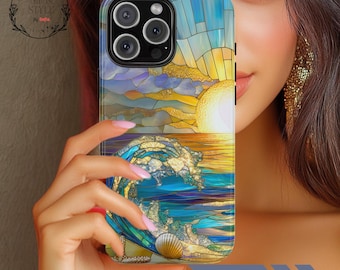 Ocean Wave Stained Glass Case, iPhone Samsung Tough Phone Case: Sunrise Beach Art