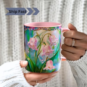 Lily of the Valley Stained Glass PRINT Mug , Floral Art , Birth Month Flower Mug, Lily Botanical Garden Lover  Mom Gift, Lily Art Print