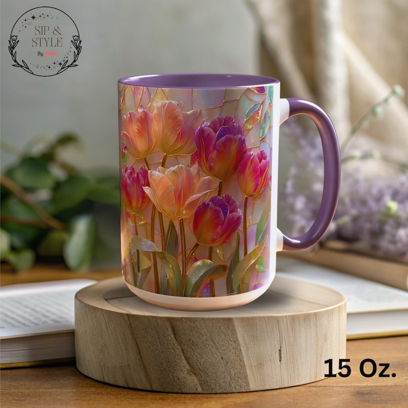 Elegant Tulip Stained Glass Mug, Luminous Floral Coffee Cup, Iridescent ...