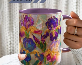 Caneca de vidro colorido com flor de íris, presente para quem nasce em fevereiro, xícara de café floral roxa luminosa