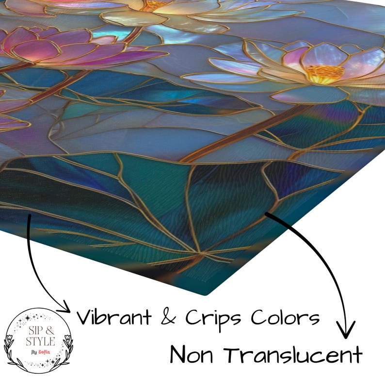 May include: A decorative surface featuring a stained-glass style design of water lilies in shades of blue, purple, and gold. The text "Vibrant & Crisps Colors" and "Non Translucent" are also visible.