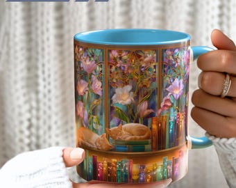 Stained Glass Cat PRINT Mug, Bookshelf Lily Design
