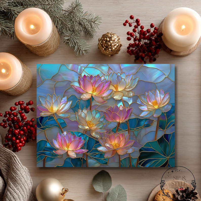 May include: A canvas print featuring a stained-glass style depiction of lotus flowers in shades of pink, yellow, and white, set against a blue background. The artwork is surrounded by candles, berries, and decorative elements.