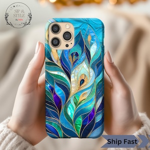 Peacock Feather Stained Glass PRINT Abstract Phone Case, iPhone & Samsung Tough Case, Elegant Abalone-Inspired Cover, Blue Green Phone Case