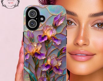 Iris Stained Glass PRINT Tough Phone Case iPhone Samsung Pixel, Mother-of-Peal Floral Art Case, Botanical Lover Case Unique Artistic Design