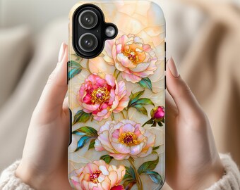 Peony Stained Glass Print,  iPhone Samsung Tough Phone Case, Floral Marble Art