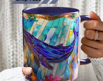 Blue Whale Stained Glass Art Mug, Ocean Marine Coffee Cup