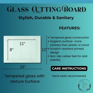 May include: A rectangular glass cutting board with dimensions of 15" x 11" x 8". The board features a textured surface and is made of tempered glass. Text on the image reads "Stylish, Durable & Sanitary".