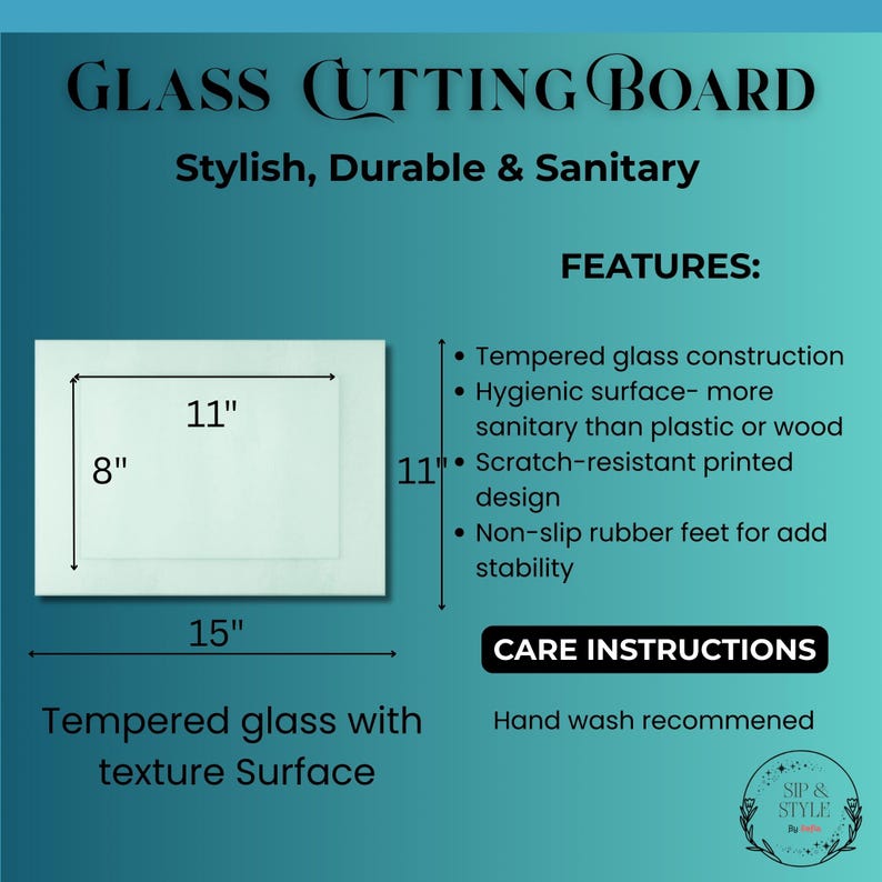 May include: A rectangular glass cutting board with dimensions of 15" x 11" x 8". The board features a textured surface and is made of tempered glass. Text on the image reads "Stylish, Durable & Sanitary".