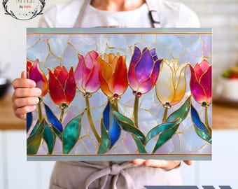Planche à découper effet vitrail tulipe, décoration florale irisée pour la cuisine