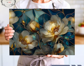 Planche à découper pivoine en verre trempé, décoration de cuisine style vitrail
