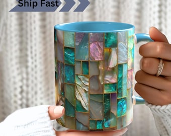 Ceramic Luxury Mosaic Print Mug, Iridescent Mother of Pearl PRINT Coffee Cup