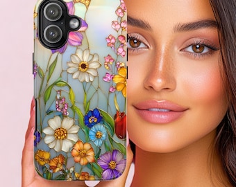 Wildflower Stained Glass Style Case, iPhone Samsung Tough Phone Case: Floral Mosaic Art