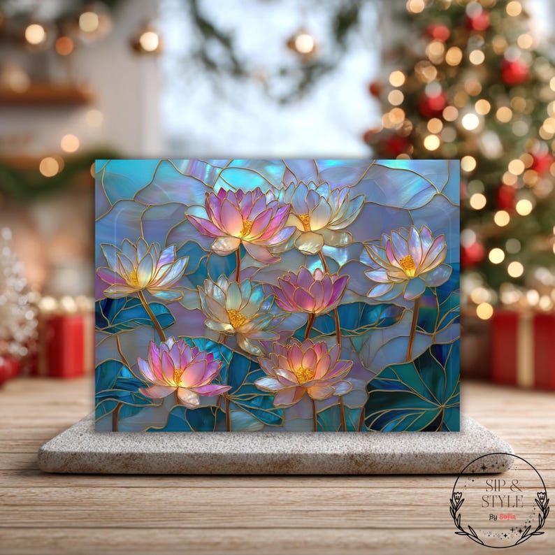 May include: A decorative panel featuring a stained-glass design of lotus flowers in shades of pink, yellow, and white, set against a blue background. The flowers have gold outlines and are surrounded by blue leaves. The panel is displayed on a stone base.