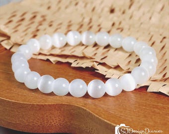Selenite 8mm Bracelet:  Aura Cleansing, Enhance Intuition, Purify Energy Field, Stress Relief