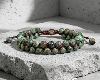 Handmade Men’s African Turquoise Macrame Bracelet | 6mm Adjustable, Grounding Earthy Calm Healing Crystal Gift for Him