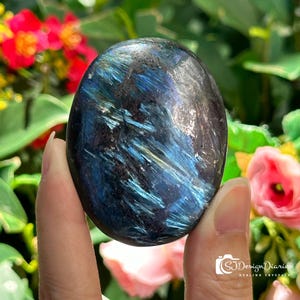 Könnte beinhalten: Ein polierter, ovaler Labradoritstein. Der Stein hat eine dunkle Grundfarbe mit schillernden blauen und tealfarbenen Reflexen. Die Oberfläche ist glatt und reflektierend, mit natürlichen Mustern. Der Stein wird zwischen Fingern gehalten, mit einem verschwommenen floralen Hintergrund.