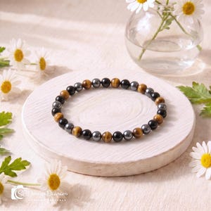 Stretch-Armband mit dreifachem Schutz | Unisex-Perlenarmband aus Tigerauge, schwarzem Onyx und Hämatit, erdendes Kristall-Armband für Damen und Herren