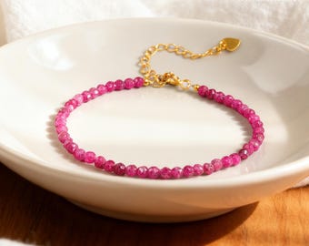 Ruby Gemstone Bracelet: Dainty Faceted July Birthstone, Adjustable