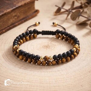 Pulsera ajustable de doble vuelta con ónix ojo de tigre / Joyería de muñeca con cristales apilados para protección, confianza y fuerza, regalo para hombres