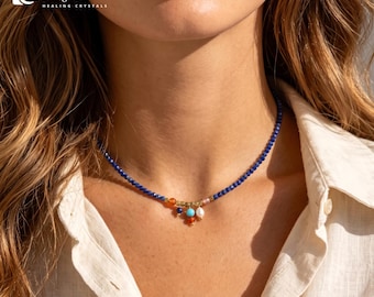 Gargantilla bohemia de lapislázuli / Cuentas de perlas y ágata, joyería vintage delicada y ajustable para mujer, regalo hecho a mano para ella.