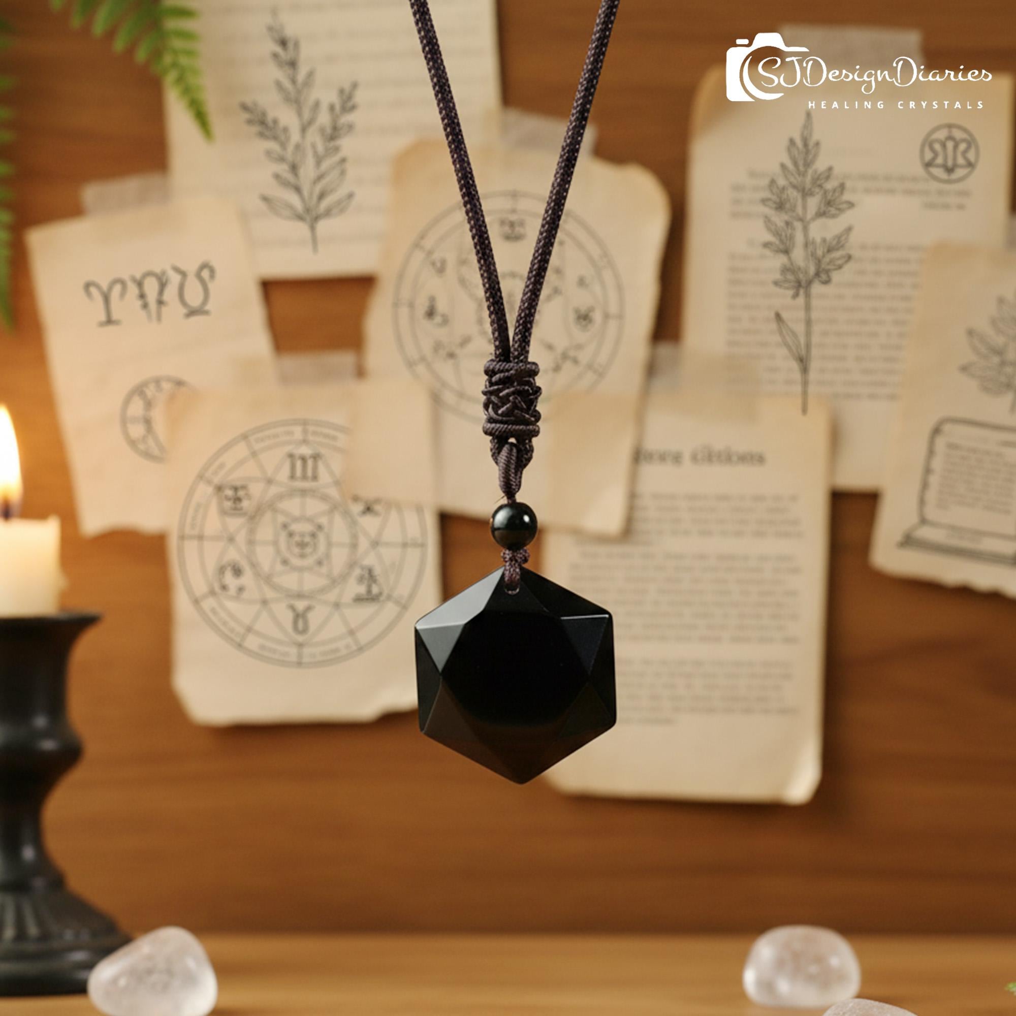 Natural Black Obsidian Hexagon Pendant Necklace – 36" Rope Chain – Handmade In USA – Healing Crystal Charm