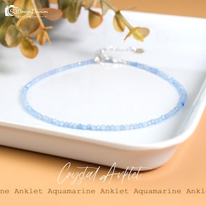 Ocean Blue Aquamarine Anklet Bracelet - Healing Crystal Foot Chain for Women - Adjustable 8.5-10.5 Inch  - Boho Beach Jewelry Gift