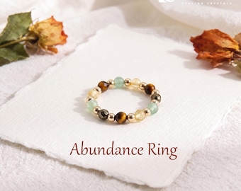 Abundance Crystal Stretch Ring | Citrine Pyrite Tiger Eye Green Aventurine, Wealth Success Manifestation Gemstone Stack Ring, Gift for Her