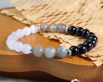 Triple Protection Bracelet, Gift for Empaths, Aura Cleansing, Emotional Strength, Labradorite Selenite Onyx