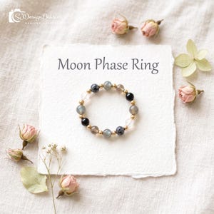 Moon Phase Crystal Stretch Beaded Ring | Labradorite Obsidian Smoky Quartz Selenite Tourmaline, Lunar Manifestation Stack Ring Gift for Her