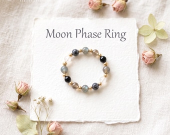 Moon Phase Crystal Stretch Beaded Ring | Labradorite Obsidian Smoky Quartz Selenite Tourmaline, Lunar Manifestation Stack Ring Gift for Her