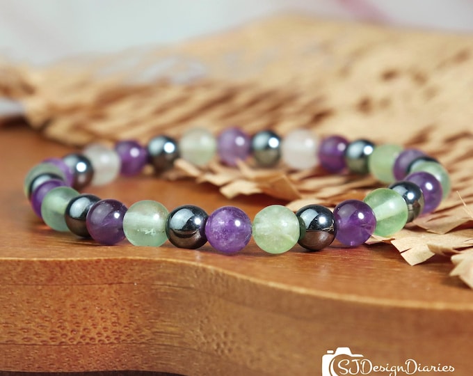 Empath Protection Beaded Stretch Bracelet | Amethyst Hematite Fluorite Bracelet, Triple Power Crystal Healing Gift For Her