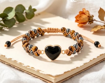 Triple Protection Macrame Bracelet | Tiger Eye Hematite Black Obsidian, Heart Adjustable Woven Crystal Protection Jewelry Gift for Men Women