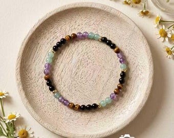 Handmade Amethyst Aventurine Tiger Eye Black Tourmaline Bracelet| 4mm Calm Abundance Protection Balance Empathy Healing Crystal Gift for Her