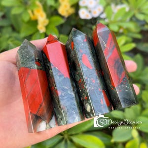 May include: Four red and green jasper crystal points, also known as bloodstone, are arranged in a row. The points are polished and have a smooth, shiny finish. The crystals are a deep red color with green and white inclusions.