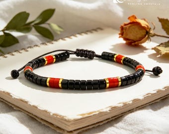 Handmade Black Onyx & Carnelian Beaded Bracelet | Adjustable Macrame, Grounding Confidence, Protection Passion Healing Crystal Gift