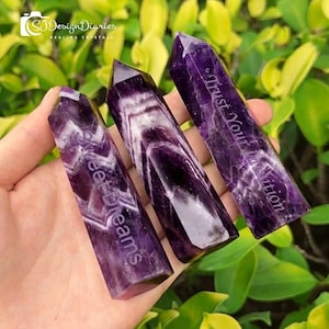 以下が含まれることがあります： 白い縞模様のあるアメジストクリスタルオベリスクが3つ、手に持たれています。オベリスクは尖った先端を持ち、「Sweet Dreams」と「Trust Your Intuition」の文字が書かれています。背景はぼやけた緑の葉です。