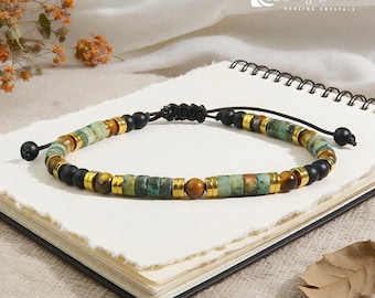 Dreifache Kraft Schutz und Glück Armband, Onyx, Afrikanischer Türkis & Tigerauge Perlen