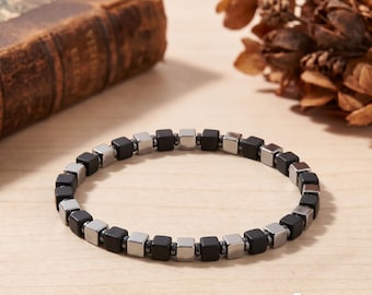 Men's Black Onyx & Hematite Cube Bead Stretch Bracelet, Minimalist Modern Stackable Wrist Jewelry for Guys, Gift for Him, Everyday Wear