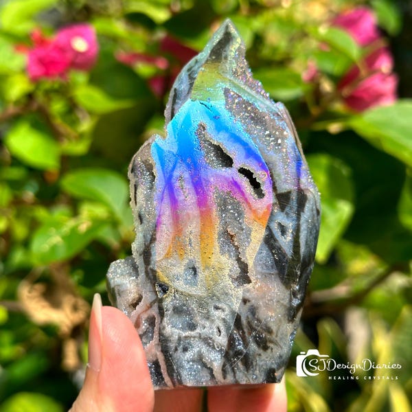 150-220g Angel Aura Sphalerite Flame Tower: Iridescent Zinc Ore Crystal, Rainbow Flame Pyramid , Meditation Decor