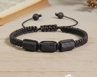 Men’s Black Tourmaline Adjustable Macrame Bracelet | 3 Raw Crystals, Protection Grounding, Adjustable Unisex Healing Jewelry Gift