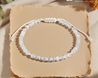 Selenit Armband - 4 mm Perlen, Mentaler Friedensstein, Reinigung Schmuck für Schutz & Intuition, einstellbarer Heilstein