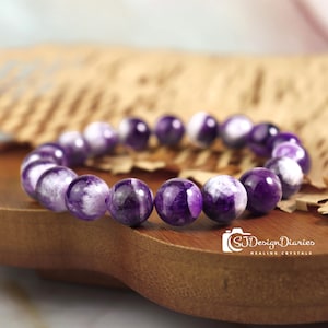 Natural Chevron Amethyst Bracelet ,  Dainty Purple Bracelet , 10mm Round Bead Bracelet , Healing Crystal Gifts, Engravable Charm for Woman
