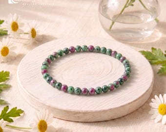 Ruby Zoisite Stretch Beaded Bracelet | 4mm Dainty Natural Gemstone, Passion Growth Emotional Healing Stackable Crystal Jewelry, Gift for Her