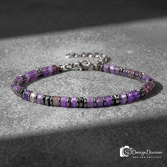 Amethyst Hematite Bracelet | Gift for Empaths,  Grounding and Protection Jewelry, Balancing Energy, Stress Relief