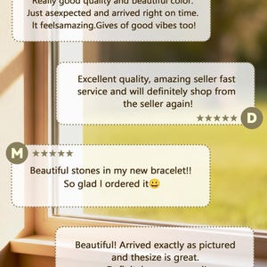 May include: Four customer review boxes with five-star ratings and text testimonials. The reviews mention quality, color, fast service, and satisfaction with a bracelet. Each box features a circular initial icon and dotted borders.