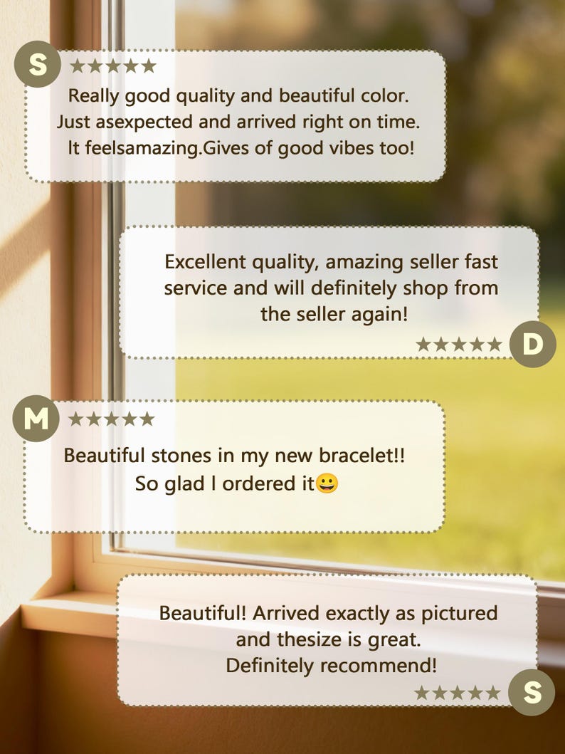 May include: Four customer review boxes with five-star ratings and text testimonials. The reviews mention quality, color, fast service, and satisfaction with a bracelet. Each box features a circular initial icon and dotted borders.